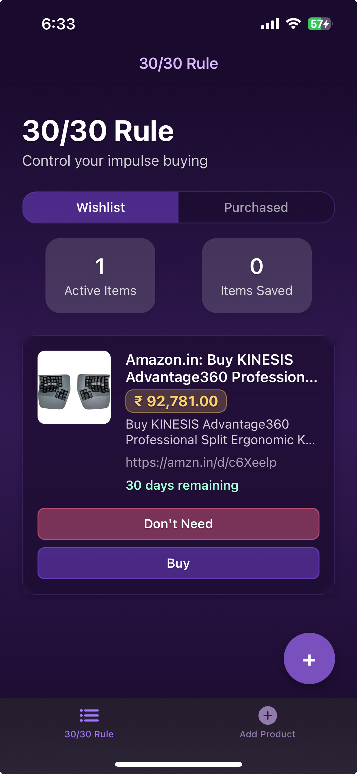 30/30 Rule App Screenshot showing wishlist of products with waiting period timer